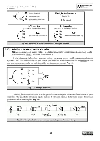 MARCELO MELLO - Apostila de gaita de boca (2014)
5. Harmonia
38
DO Quinta do acorde Posição fundamental
do acorde
F (Fa maior)
5J
3M
LA Terça do acorde
FA Fundamental do acorde
1ª inversão
(a TERÇA do acorde está no baixo)
2ª inversão
(a QUINTA do acorde está no baixo)
FA
F/A
(Fa maior com baixo em La)
LA
F/C
(Fa maior com baixo em Do)
DO FA
LA DO
Fig. 66 - Inversões de tríades: nomenclatura e cifragem moderna.
5.13. Tríades com notas acrescentadas
Tétrades: acordes com quatro notas — a tríade mais uma terça sobreposta à nota mais aguda
(formando uma sétima com a nota fundamental)
A princípio a uma tríade pode ser associada qualquer outra nota, sempre considerada como um intervalo
a partir da nota fundamental da tríade. Dos acordes com intervalos acrescentados à tríade, as tétrades (tríades
com uma sétima acrescentada) são mais favorecidas em vários estilos musicais (Fig. 67):
7m
RE 3m
E7
SI 3M
SOL#
MI
3m
Fig. 67 - Exemplo de tétrade.
Com isso, levando em conta com as várias possibilidades dadas pelos graus das diferentes escalas, pelos
intervalos, pelas qualidades intervalares e pelos métodos de cifragem, o estudo da harmonia através dos acordes
pode se tornar bastante complexo (Fig. 68):
Fig. 68 - Exemplos de tríades com notas acrescentadas, e suas formas de cifragem.
 