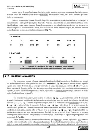 MARCELO MELLO - Apostila de gaita de boca (2014)
5. Harmonia
42
Assim, não se deve confundir a escala relativa maior (que tem as mesmas notas da escala relativa menor,
mas com tônica em outra nota) com a escala homônima maior (ou vice-versa), uma escala diferente que tem a
tônica na mesma nota.
Sendo a escala menor uma escala tonal, ela poderá ter as mesmas formas de classificação usadas para as
escalas maiores – começando pelos graus da escala. Para que a classificação dos graus não se confunda com a
classificação da escala maior, os graus da escala menor devem ser indicados de acordo com sua alteração em
relação aos graus da escala homônima maior, indicando com um bemol associado ao grau, em notas um semitom
abaixo da posição normal da escala homônima maior (Fig. 73):
Fig. 73 - Exemplo de classificação dos graus de uma escala menor natural,
destacando os graus alterados em comparação com sua escala maior homônima.
5.17. HARMONIA NA GAITA
Um outro nome comum pelo qual a gaita de boca é conhecida é harmônica, e ela não tem este nome à
toa. Voltando à ordem de colocação das notas na gaita (Capítulo 3 - Fig. 34), pode-se ver que as notas sopradas
seguem uma ordem de colocação de notas por intervalos de terças (do-mi-sol, ou orifícios 1 2 3 ), o que
forma o acorde de do maior (cifra – C). Portanto, em toda a extensão da gaita, quaisquer que sejam as notas
sopradas, o acorde resultante sempre será do maior, equivalente ao primeiro grau do campo harmônico da escala
maior (função de tônica, “relaxado”).
Nas notas aspiradas graves, tem-se sol-si-re (orifícios 2 3 4 ), o que forma o acorde de sol maior.
A nota RE mais grave (orifício 1 ) também pode ser considerada parte do acorde de sol maior (re-sol-si-re;
orifícios 1 2 3 4 -- cifra G). Na parte mais aguda, tem-se as possibilidades de si diminuto (si-re-fa; ou 3
4 5 -- cifra: Bdim) e Re menor (re-fa-la; ou 4 5 6 - cifra Dm); o fa e o la, dependendo das
circunstâncias, podem ser também considerados notas acrescentadas ao acorde de sol maior -- formando o
acorde de sol com sétima e nona, cifra G7(9); sol-si-re-fa-la, ou 1 2 3 4 5 ). Na gaita também são
aceitáveis acordes parciais, com apenas duas notas da tríade (ex. sol-si, do-mi, fa-la). Finalmente, as notas do
acorde podem ser tocadas uma nota por vez (o chamado arpejo). Um exemplo de arpejos em gaita pode ser visto
no exercício da Fig. 52b.
Assim, há uma oposição harmônica básica entre o que é soprado e o que é aspirado na gaita: as notas
sopradas estão identificadas com o relaxamento harmônico da tonalidade da gaita (acorde do grau I, função de
tônica); as notas aspiradas estão relacionadas com tensão harmônica, às vezes com a função de subdominante (II
 