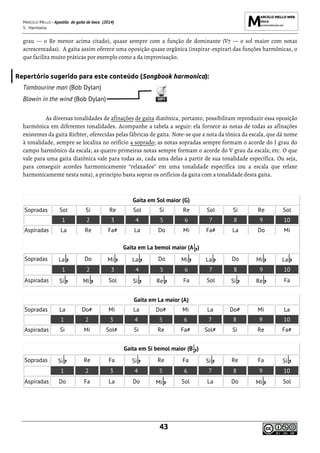 MARCELO MELLO - Apostila de gaita de boca (2014)
5. Harmonia
43
grau — o Re menor acima citado), quase sempre com a função de dominante (V7 — o sol maior com notas
acrescentadas). A gaita assim oferece uma oposição quase orgânica (inspirar-expirar) das funções harmônicas, o
que facilita muito práticas por exemplo como a da improvisação.
Repertório sugerido para este conteúdo (Songbook harmonica):
Tambourine man (Bob Dylan)
Blowin in the wind (Bob Dylan)
As diversas tonalidades de afinações de gaita diatônica, portanto, possibilitam reproduzir essa oposição
harmônica em diferentes tonalidades. Acompanhe a tabela a seguir: ela fornece as notas de todas as afinações
existentes da gaita Richter, oferecidas pelas fábricas de gaita. Note-se que a nota da tônica da escala, que dá nome
à tonalidade, sempre se localiza no orifício 4 soprado; as notas sopradas sempre formam o acorde do I grau do
campo harmônico da escala; as quatro primeiras notas sempre formam o acorde do V grau da escala; etc. O que
vale para uma gaita diatônica vale para todas as, cada uma delas a partir de sua tonalidade específica. Ou seja,
para conseguir acordes harmonicamente “relaxados” em uma tonalidade específica (ou a escala que relaxe
harmonicamente nesta nota), a princípio basta soprar os orifícios da gaita com a tonalidade desta gaita.
Gaita em Sol maior (G)
Sopradas Sol Si Re Sol Si Re Sol Si Re Sol
1 2 3 4 5 6 7 8 9 10
Aspiradas La Re Fa# La Do Mi Fa# La Do Mi
Gaita em La bemol maior (A )
Sopradas La Do Mi La Do Mi La Do Mi La
1 2 3 4 5 6 7 8 9 10
Aspiradas Si Mi Sol Si Re Fa Sol Si Re Fa
Gaita em La maior (A)
Sopradas La Do# Mi La Do# Mi La Do# Mi La
1 2 3 4 5 6 7 8 9 10
Aspiradas Si Mi Sol# Si Re Fa# Sol# Si Re Fa#
Gaita em Si bemol maior (B )
Sopradas Si Re Fa Si Re Fa Si Re Fa Si
1 2 3 4 5 6 7 8 9 10
Aspiradas Do Fa La Do Mi Sol La Do Mi Sol
 