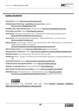 MARCELO MELLO - Apostila de gaita de boca (2014)
63
8.BIBLIOGRAFIA
Canto da Gaita. Internet http://www.geocities.com/fe_amaral/
GRAHAM, Keith. TheJT30Page - AmplifiedBlues HarmonicaCenter. Internet
http://www.jt30.com/jt30page/index2.html.
GUSSOW, Adam. ModernBlues harmonica. Portal da Internet http://www.modernbluesharmonica.com/.
Harry’s Blues Lyrics Online. Internet http://blueslyrics.tripod.com.
LEVY, Howard. “The History of Harmonica: Part 1”. Blog Artist Works - Video Exchange Learning; internet
http://artistworks.com/blog/history-harmonica-part-1.
LEWIS, Dennis. “A misconception about the diaphragm”. Authentic Breathing News , nov-2004; internet
http://www.authentic-breathing.com/.
MELLO, Marcelo. “A cultura negra e a música norte-americana do séc. XIX”. Slides da palestra - escola de Teatro
Cidade Encena, Ourinhos, 2011; internet
http://marcelomelloweb.net/mmculturanegramusicanorteamericanasxix.htm.
Miller TimeBlues Festival. Internet http://www.millertimeblues.com/ (Site em português).
MississippiWriters andMusicians. Internet http://www.shs.starkville.k12.ms.us/mswm/MSWritersAndMusicians/
MUGGIATI, Roberto. Blues – da lama à fama. Rio de Janeiro: Editora 34, 1995.
OLIVER, Paul. “Blues”, “Songster”. IN The New Grove Dictionary of Music and Musicians. Londres: MacMillan Press,
1984.
SoundsoftheSouthHome. Internet http://www.ibiblio.org/sostudies/music/delta.htm.
TheBlueFlameCafe--Encyclopediaof theBlues. Internet http://www.blueflamecafe.com/.
Wikipedia –Aenciclopédiavirtual. Portal da world Wide Web http://wikipedia.org.
WILL, Michael. TheDiatonic HarmonicaReference. Internet http://www.angelfire.com/tx/myquill/.
ZURCHER P. (1996). “The Path of the Ant”. ESCOM Newsletter 09; Internet http://musicweb.hmt-
hannover.de/escom/english/Newsletter/NL9e/ZurcherE.html (acessado em 2003-dez-17).
Este documento está licenciado com uma Licença Creative Commons Atribuição-
NãoComercial-CompartilhaIgual4.0 Internacional.
 
