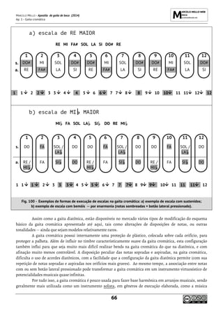 MARCELO MELLO - Apostila de gaita de boca (2014)
Ap. 1 - Gaita cromática
66
Assim como a gaita diatônica, estão disponíveis no mercado vários tipos de modificação do esquema
básico da gaita cromática apresentado até aqui, tais como alterações de disposições de notas, ou outras
tonalidades -- ainda que sejam modelos relativamente raros.
A gaita cromática possui internamente uma proteção de plástico, colocada sobre cada orifício, para
proteger a palheta. Além de influir no timbre caracteristicamente suave da gaita cromática, esta configuração
também influi para que seja muito mais difícil realizar bends na gaita cromática do que na diatônica, e com
afinação muito menos controlável. A disposição peculiar das notas sopradas e aspiradas, na gaita cromática,
dificulta o uso de acordes diatônicos, com a facilidade que a configuração da gaita diatônica permite (com sua
repetição de notas sopradas e aspiradas nos orifícios mais graves). Ao mesmo tempo, a associação entre notas
com ou sem botão lateral pressionado pode transformar a gaita cromática em um instrumento virtuosístico de
potencialidades musicais quase infinitas.
Por tudo isso, a gaita cromática é pouco usada para fazer base harmônica em arranjos musicais, sendo
geralmente mais utilizada como um instrumento solista, em gêneros de execução elaborada, como a música
a) escala de RE MAIOR
RE MI FA# SOL LA SI DO# RE
1 2 3 4 5 6 7 8 9 10 11 12
s. DO# MI SOL DO# DO# MI SOL DO# DO# MI SOL DO#
a. RE FA# LA SI RE FA# LA SI RE FA# LA SI
1 1 2 2 3 3 4 4 5 6 6 7 7 8 8 9 10 10 11 11 12 12
b) escala de MI MAIOR
MI FA SOL LA SI DO RE MI
1 2 3 4 5 6 7 8 9 10 11 12
s. DO FA SOL /
LA
DO DO FA SOL /
LA
DO DO FA SOL /
LA
DO
a. RE /
MI
FA SI DO RE /
MI
FA SI DO RE /
MI
FA SI DO
1 1 1 2 3 3 3 4 5 5 6 7 7 7 8 9 9 10 11 11 11 12
Fig. 100 - Exemplos de formas de execução de escalas na gaita cromática: a) exemplo de escala com sustenidos;
b) exemplo de escala com bemóis -- por enarmonia (notas sombreadas = botão lateral pressionado).
d d d d d d d d d d d d
 