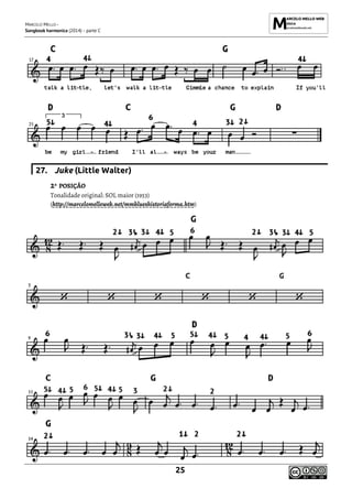 MARCELO MELLO -
Songbook harmonica (2014) - parte C
25
27. Juke (Little Walter)
2ª POSIÇÃO
Tonalidade original: SOL maior (1953)
(http://marcelomelloweb.net/mmblueshistoriaforma.htm)
 