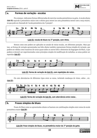 MARCELO MELLO -
Songbook harmonica (2014) - parte D
33
a. Formas de variação - escalas
Pra começar, indicamos formas diferenciadas de exercitar escalas pentatônicas na gaita. A escala abaixo
(lick 01) equivale à pentatônica maior com o sétimo grau menor (ou uma pentatônica menor com a terça maior),
no que pode ser chamado de “escala pentatônica da 2ª posição”:
Lick 01: escala de blues na 2ª posição, com ritmo.
Ritmos como este podem ser aplicados no estudo de várias escalas, em diferentes posições. Mais que
isso, as formas de variação apresentadas nos licks abaixo também representam formas simples de variação, que
podem ser válidas como maneiras de variar quase todos os outros licks e elementos da linguagem do blues, e que
podem (e devem!) ser experimentados como princípios simples de modificação de melodias: as notas podem ser
repetidas (lick 02):
Lick 02: forma de variação do lick 01, com repetições de notas .
Ou com alternâncias de diferentes tipos entre as notas, incluindo mudanças de ritmo, saltos , etc.
(lick 03):
Lick 03: forma de variação do lick 01, com alternância entre notas .
b. Frases simples de blues
Frases de blues como as apresentadas abaixo se baseiam em combinações simples entre notas da escala
pentatônica maior (lick 04):
Lick 04: frase simples de blues, na pentatônica maior da 2ª posição da gaita.
 