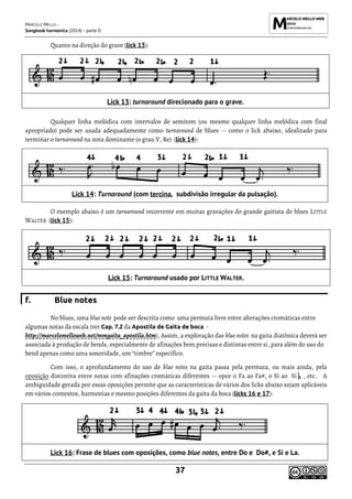 MARCELO MELLO -
Songbook harmonica (2014) - parte D
37
Quanto na direção do grave (lick 13):
Lick 13: turnaround direcionado para o grave.
Qualquer linha melódica com intervalos de semitom (ou mesmo qualquer linha melódica com final
apropriado) pode ser usada adequadamente como turnaround de blues -- como o lick abaixo, idealizado para
terminar o turnaround na nota dominante (o grau V, Re) (lick 14):
Lick 14: Turnaround (com tercina, subdivisão irregular da pulsação).
O exemplo abaixo é um turnaround recorrente em muitas gravações do grande gaitista de blues LITTLE
WALTER (lick 15):
Lick 15: Turnaround usado por LITTLE WALTER.
f. Blue notes
No blues, uma blue note pode ser descrita como uma permuta livre entre alterações cromáticas entre
algumas notas da escala (ver Cap. 7.2 da Apostila de Gaita de boca -
http://marcelomelloweb.net/mmgaita_apostila.htm), Assim, a exploração das blue notes na gaita diatônica deverá ser
associada à produção de bends, especialmente de afinações bem precisas e distintas entre si, para além do uso do
bend apenas como uma sonoridade, um “timbre” específico.
Com isso, o aprofundamento do uso de blue notes na gaita passa pela permuta, ou mais ainda, pela
oposição distintiva entre notas com afinações cromáticas diferentes -- opor o Fa ao Fa#, o Si ao Si , etc. A
ambiguidade gerada por essas oposições permite que as características de vários dos licks abaixo sejam aplicáveis
em vários contextos, harmonias e mesmo posições diferentes da gaita da boca (licks 16 e 17):
Lick 16: Frase de blues com oposições, como blue notes, entre Do e Do#, e Si e La.
 