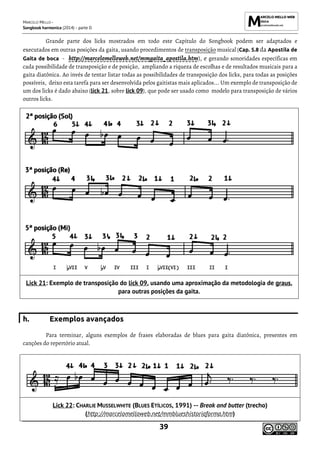 MARCELO MELLO -
Songbook harmonica (2014) - parte D
39
Grande parte dos licks mostrados em todo este Capítulo do Songbook podem ser adaptados e
executados em outras posições da gaita, usando procedimentos de transposição musical (Cap. 5.8 da Apostila de
Gaita de boca - http://marcelomelloweb.net/mmgaita_apostila.htm), e gerando sonoridades específicas em
cada possibilidade de transposição e de posição, ampliando a riqueza de escolhas e de resultados musicais para a
gaita diatônica. Ao invés de tentar listar todas as possibilidades de transposição dos licks, para todas as posições
possíveis, deixo esta tarefa para ser desenvolvida pelos gaitistas mais aplicados... Um exemplo de transposição de
um dos licks é dado abaixo (lick 21, sobre lick 09), que pode ser usado como modelo para transposição de vários
outros licks.
Lick 21: Exemplo de transposição do lick 09, usando uma aproximação da metodologia de graus,
para outras posições da gaita.
h. Exemplos avançados
Para terminar, alguns exemplos de frases elaboradas de blues para gaita diatônica, presentes em
canções do repertório atual.
Lick 22: CHARLIE MUSSELWHITE (BLUES ETÍLICOS, 1991) -- Break and butter (trecho)
(http://marcelomelloweb.net/mmblueshistoriaforma.htm)
 