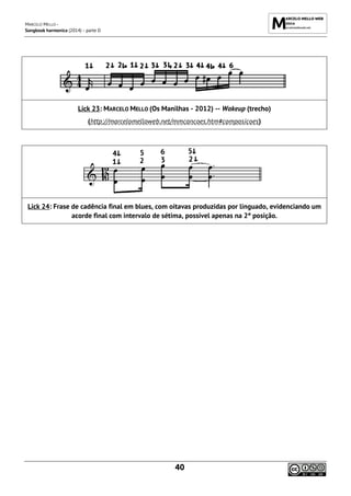 MARCELO MELLO -
Songbook harmonica (2014) - parte D
40
Lick 23: MARCELO MELLO (Os Manilhas - 2012) -- Wakeup (trecho)
(http://marcelomelloweb.net/mmcancoes.htm#composicoes)
Lick 24: Frase de cadência final em blues, com oitavas produzidas por linguado, evidenciando um
acorde final com intervalo de sétima, possível apenas na 2ª posição.
 