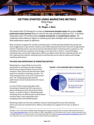 GETTING STARTED USING MARKETING METRICS
White Paper
by
Dr. Roger J. Best
The cockpit of the 757 Boeing jet is a maze of instruments (analytic tools) that produce flight 
performance data (metrics) that are critical to the safe and efficient flight of a 757.  It would be 
impossible to fly a 757 without theses analytic instruments and performance metrics. Yet, 
companies invest millions or billions in marketing and sales strategies with no clear measure of 
their performance impact or efficiency.
Most companies recognize the need for marketing metrics and the potential benefit they provide, but 
they struggle where to get started. A 2010 survey of 400 companies found that 75 percent recognized the 
need for marketing metrics, but only 25 percent had implemented a marketing metrics program (1). We 
will address the barriers companies and managers must overcome in order to  successfully apply 
marketing metrics across their organizations. Before we address these barriers to getting started, let’s 
first understand the need for marketing metrics and how they can be used to measure and manage 
marketing performance.
THE NEED AND IMPORTANCE OF MARKETING METRICS 
Marketing has a responsibility to account for 
investments in marketing and sales strategies. 
We have found approximately 75 percent of a 
company’s Sales, General & Administration (SGA) 
expense is invested in marketing and sales.  For 
many companies this can be 15 to 25 percent of 
sales. Yet, marketing generally lacks the 
performance metrics to demonstrate the results 
produced.
A survey of CEOs conducted by Booz‐Allen 
Consulting (2) showed that CEO’s top concern 
about marketing was their lack of performance 
metrics, as shown in Figure 1. Marketing needs  
marketing metrics to demonstrate its performance 
as well as take a more responsible role in 
managing profits and profitable growth.   
Marketing analytics are the tools needed to measure marketing performance and marketing 
metrics are measures of performance. Metrics and analytics are a big part of our lives, as shown in 
Figure 2. 
FIGURE 1: CEO CONCERNS ABOUT MARKETING
Page 1 of 9
Dr Roger J. Best is the author of Market‐Based Management and was among the first to introduce Marketing Performance 
Tools  (www.rogerjbest.com) in the first edition in 1996. Today MBM is in its 5th edition and is used in many corporations and 
top MBA programs. He  is also the author of the Marketing  Metrics Handbook (www.marketingmetricshandboook.com) which 
is an extension of his work in the area of metrics‐based marketing management. 
 