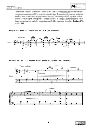 MARCELO MELLO -
Apostila de Harmonia (2014)
112
- finalmente, considere cada um dos acordes e notas alteradas que não tiveram análise satisfatória
com nenhum destes passos. Determine a forma de alteração do grau da escala, em cada um destes
acordes e notas alteradas (em relação à escala e ao campo harmônico principal), e procure indicar
como cada um deles pode corresponder a uma possibilidade de ambiguidade harmônica, tal como
foram apresentadas nas tradições harmônicas estabelecidas atualmente (consulte o Capítulo 6.10,
na pág. 100).
a) PAGANINI (s. XIX) - 24 Caprichos op.1-Nº4 (em Do menor)
b) BEETHOVEN (s. XVIII) - Bagatela para piano op.119-Nº9 (em La menor)
 