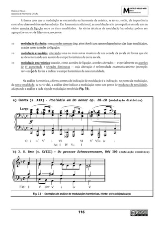MARCELO MELLO -
Apostila de Harmonia (2014)
116
A forma com que a modulação se encaminha na harmonia da música, se torna, então, de importância
central no desenvolvimento harmônico. Em harmonia tradicional, as modulações são conseguidas usando um ou
vários acordes de ligação entre as duas tonalidades. As várias técnicas de modulação harmônica podem ser
agrupadas entre três diferentes processos:
 modulaçãodiatônica: com acordes comuns (ing. pivotchords) aos campos harmônicos das duas tonalidades,
usados como acordes de ligação;
 modulação cromática: alterando uma ou mais notas musicais de um acorde da escala de forma que ele
acabe se tornando um acorde do campo harmônico de outra escala.
 modulação enarmônica: usando, como acordes de ligação, acordes alterados -- especialmente os acordes
de 6ª aumentada e tétrades diminutas -- cuja alteração é reformulada enarmonicamente (exemplo:
re# = mi ) de forma a indicar o campo harmônico da nova tonalidade.
Na análise harmônica, a forma correta de indicação de modulação é a indicação, no ponto da modulação,
da nova tonalidade. A partir daí, a análise deve indicar a modulação como um ponto de mudança de tonalidade,
adaptando a análise a cada tipo de modulação envolvida (Fig. 78).
a) CHOPIN (S. XIX) - Prelúdio em Do menor op. 28-20 (modulação diatônica)
b) J. S. BACH (S. XVIII) – Du grosser Schmerzensmann, BWV 300 (modulação cromática)
Exemplos de análise de modulações harmônicas. (fonte: www.wikipedia.org)
 