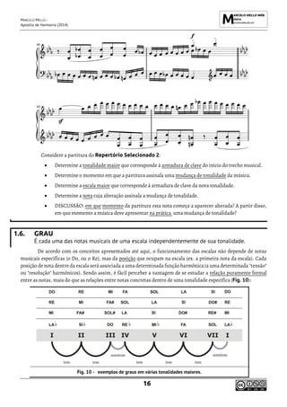 MARCELO MELLO -
Apostila de Harmonia (2014)
16
Considere a partitura do Repertório Selecionado 2:
• Determine a tonalidade maior que corresponde à armadura de clave do início do trecho musical.
• Determine o momento em que a partitura assinala uma mudança de tonalidade da música.
• Determine a escala maior que corresponde à armadura de clave da nova tonalidade.
• Determine a nota cuja alteração assinala a mudança de tonalidade.
• DISCUSSÃO: em que momento da partitura esta nota começa a aparecer alterada? A partir disso,
em que momento a música deve apresentar na prática uma mudança de tonalidade?
1.6. GRAU
É cada uma das notas musicais de uma escala independentemente de sua tonalidade.
De acordo com os conceitos apresentados até aqui, o funcionamento das escalas não depende de notas
musicais específicas (o Do, ou o Re), mas da posição que ocupam na escala (ex. a primeira nota da escala). Cada
posição de nota dentre da escala será associada a uma determinada função harmônica (a uma determinada "tensão"
ou "resolução" harmônicos). Sendo assim, é fácil perceber a vantagem de se estudar a relação puramente formal
entre as notas, mais do que as relações entre notas concretas dentro de uma tonalidade específica (Fig. 10):
exemplos de graus em várias tonalidades maiores.
 
