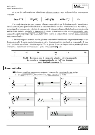 MARCELO MELLO -
Apostila de Harmonia (2014)
17
Os graus são tradicionalmente indicados em números romanos, sem nenhum símbolo complementar
associado:
Grau III 3º grau IIIº grau Grau IIIº Etc...
É o estudo das relações entre os graus (abstrata, esquemática) que definirá as relações harmônicas; a
classificação dos graus pode identificar assim o funcionamento da escala no conteúdo musical. Na verdade, a
harmonia pode ser considerada o princípio de organização da música tonal na medida do funcionamento da escala;
pode-se dizer, com isso, que todas as notas musicais de uma prática musical tonal estarão subordinadas a uma
escala; a consequência principal é que cada nota deverá ser passível de ser classificada como um grau de uma escala
(e de uma tonalidade).
E o estudo dos graus (e de suas relações) pode ser apresentado também como um primeiro exemplo do uso
do sistema tonal (e da teoria musical) no estudo de outros sistemas musicais, associando as propriedades de cada
grau à sua distância da tônica; a ponto de se poder falar no "grau V" de uma escala pentatônica, por exemplo, como
coincidente à escala maior, embora não seja a quinta nota da escala (Fig. 11):
DO RE MI SOL LA DO
I V
Exemplo de graus da escala maior aplicados a outros tipos de escala
(no exemplo, na escala pentatônica, Sol não é a 5ª nota da escala,
mas é classificada como o grau V).
Graus – exercícios
5) Indique a tonalidade maior que corresponde a cada uma das armaduras de clave abaixo,
e a que grau corresponde, nessa tonalidade, a nota assinalada na pauta:
a. b. c.
d. e. f.
g. h.
 