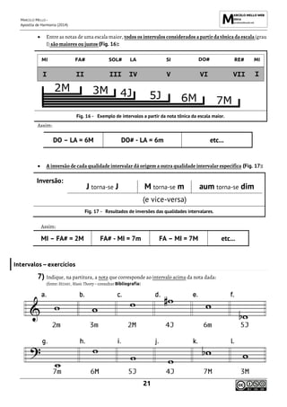 MARCELO MELLO -
Apostila de Harmonia (2014)
21
• Entre as notas de uma escala maior, todos os intervalos considerados apartir datônica daescala(grau
I) são maiores ou justos (Fig. 16):
Exemplo de intervalos a partir da nota tônica da escala maior.
Assim:
DO – LA = 6M DO# - LA = 6m etc...
• A inversão de cada qualidade intervalar dá origem a outra qualidade intervalar específica (Fig. 17):
Inversão:
J torna-se J M torna-se m aum torna-se dim
(e vice-versa)
Resultados de inversões das qualidades intervalares.
Assim:
MI – FA# = 2M FA# - MI = 7m FA – MI = 7M etc...
Intervalos – exercícios
7) Indique, na partitura, a nota que corresponde ao intervalo acima da nota dada:
(fonte: HENRY, Music Theory – consultar Bibliografia)
 