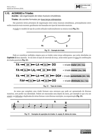 MARCELO MELLO -
Apostila de Harmonia (2014)
30
1.12. ACORDES e Tríades
Acordes : são organizações de notas musicais simultâneas.
Tríades: são acordes formadas por duas terças sobrepostas.
São possíveis vários princípios de organização entre notas musicais simultâneas, principalmente entre
estilos musicais mais recentes; geralmente são baseados em tipos de intervalos musicais.
A tríade é o modelo do tipo de acorde utilizado tradicionalmente na música tonal (Fig. 21):
3 DO
LA
FA 3
Exemplo de tríade.
Pode-se considerar múltiplas origens para as tríades como terças sobrepostas, que serão abordadas no
Capítulo 2 desta Apostila. Se são dois os tipos de intervalo de terça, serão então quatro os tipos de combinações
de tríades possíveis (Fig. 22):
FA LA DO – tríade maior (3M / 3m)
FA LA DO – tríade menor (3m / 3M)
FA LA DO# – tríade aumentada (3M / 3M)
FA# LA DO – tríade diminuta (3m / 3m)
Tipos de tríades.
As notas que compõem uma tríade formam uma estrutura que pode ser apresentada de diversas
maneiras, sem perder sua identidade. Podem ser executadas uma depois da outra, por exemplo (o que cria um
arpejo), ou dobradas e duplicadas de várias formas e com diversas restrições, na orquestração (Fig. 25):
Exemplos de aparições de tríades: A. arpejo; B. dobras de notas.
3M 3m
3M
3m
3m 3m
3M 3M
 