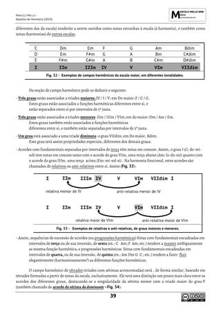 MARCELO MELLO -
Apostila de Harmonia (2014)
39
diferentes das da escala) tenderão a serem ouvidos como notas estranhas à escala (à harmonia), e também como
notas (harmonias) de outras escalas.
C Dm Em F G Am Bdim
D Em F#m G A Bm C#dim
E F#m G#m A B C#m D#dim
I IIm IIIm IV V VIm VIIdim
Exemplos de campos harmônicos da escala maior, em diferentes tonalidades.
Da noção de campo harmônico pode se deduzir o seguinte:
- Três graus estão associados a tríades maiores: IV / I / V; em Do maior: F / C / G.
Estes graus estão associados a funções harmônicas diferentes entre si, e
estão separados entre si por intervalos de 5ª justa.
- Três graus estão associados a tríades menores: IIm / IIIm / VIm; em do maior: Dm / Am / Em.
Estes graus também estão associados a funções harmônicas
diferentes entre si, e também estão separadas por intervalos de 5ª justa.
- Um grau está associado a uma tríade diminuta: o grau VIIdim; em Do maior, Bdim.
Este grau terá assim propriedades especiais, diferentes dos demais graus.
- Acordes com fundamentais separadas por intervalos de terça têm notas em comum. Assim, o grau I (C: do-mi-
sol) tem notas em comum tanto com o acorde do grau VIm, uma terça abaixo (Am: la-do-mi) quanto com
o acorde do grau IIIm, uma terça acima (Em: mi-sol-si) . Na harmonia funcional, estes acordes são
chamados de relativos ou anti-relativos entre si. Assim (Fig. 33):
Exemplos de relativas e anti-relativas, de graus maiores e menores.
- Assim, sequências de sucessão de acordes (ou progressões harmônicas) feitas com fundamentais encadeadas em
intervalos de terça ou de sua inversão, de sexta (ex.: C Am; F Am; etc.) tendem a manter ambiguamente
as mesma função harmônica; e progressões harmônicas feitas com fundamentais encadeadas em
intervalos de quarta, ou de sua inversão, de quinta (ex.: Am Dm G C ; etc.) tendem a fazer fluir
elegantemente (harmoniosamente?) as diferentes funções harmônicas;
O campo harmônico de tétrades (tríades com sétimas acrescentadas) será , de forma similar, baseado em
tétrades formadas a partir de notas da escala, exclusivamente. Ele terá uma distinção um pouco mais clara entre os
acordes dos diferentes graus, destacando-se a singularidade da sétima menor com a tríade maior do grau V
(também chamado de acorde de sétima dadominante - Fig. 34):
 