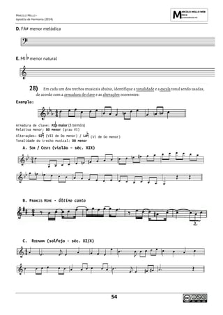 MARCELO MELLO -
Apostila de Harmonia (2014)
54
D. FA# menor melódica
E. MI menor natural
28) Em cada um dos trechos musicais abaixo, identifique a tonalidade e a escala tonal sendo usadas,
de acordo com a armadura de clave e as alterações ocorrentes:
Exemplo:
Armadura de clave: MI maior (3 bemóis)
Relativa menor: DO menor (grau VI)
Alterações: SI (VII de Do menor) / LA (VI de Do menor)
Tonalidade do trecho musical: DO menor
A. SOR / COSTE (violão – séc. XIX)
B. FRANCIS HIME - Último canto
C. RIEMANN (solfejo – séc. XI/X)
 