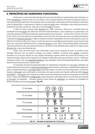 MARCELO MELLO -
Apostila de Harmonia (2014)
57
3. PRINCÍPIOS DE HARMONIA FUNCIONAL
Neste ponto, a maior parte dos princípios da teoria musical podem ser apresentados como princípios, no
fundo, harmônicos, coerentes entre si e com relação a uma sensação específica do interior do discurso musical, e
não como princípios estéticos de “boa formação” que são comumente encontrados nos livros de Música. Pela forma
como foi apresentada, a teoria parece se basear na noção de escala; seria a vinculação a uma escala que permite a
dedução de intervalos, acordes etc. Essa seria a teoria dos Stufen, ou graus.
A idéia do teórico musical Hugo RIEMANN (séc. XIX), entretanto, afirma que o princípio básico da
tonalidade vem das funções (dos diferentes níveis de tensão harmônica), e dos acordes que as representam. Das
notas dos principais acordes das funções do campo harmônico da escala maior -- em Do maior: C (do-mi-sol), F (fa-
la-do), G (sol-si-re) é que poderiam ser deduzidas as notas da escala. Esta forma de encarar as relações harmônicas
é chamada de harmonia funcional. A idéia de função harmônica independente da nota só foi possível a partir da
idéia de inversão de acorde, isto é, de que o acorde não precisa ser entendido necessariamente a partir da nota mais
grave; isto, a partir do trabalho do teórico e compositor RAMEAU, no séc. XVIII. Várias décadas depois, Riemann foi
o primeiro proponente de uma harmonia funcional. No Brasil, ela foi difundida pelo professor de origem alemã
KOELLREUTER, a partir da década de 1960.
Assim, antes de serem vistos como construídos a partir de um conjunto de notas, os acordes seriam
entidades abstratas com sua própria ontologia, sua própria realidade. É possível então analisar a estrutura
harmônica de uma peça musical (as suas relações harmônicas) apenas através dos nomes dos acordes (e sua
respectiva função), dando menor importância às relações criadas pelas notas que os formam, entre si. A idéia que
transparece então é a de uma topografia harmônica, uma “paisagem” abstrata de funções harmônicas, que subjaz
abaixo de da estrutura de toda a música tonal.
Os princípios de harmonia funcional podem ser rapidamente resumidos nas Leis tonais, definidas nos
estudos de harmonia funcional: as três funções harmônicas básicas (tônica, dominante, subdominante) regulariam
todas as relações harmônicas (1a
lei tonal); todos os acordes ocupam, com maior ou menor importância, um das três
funções (2a
lei tonal); cada acorde pode ter associado a ele outros acordes com funções individuais dele (funções
secundárias -- 3a
lei tonal); como a função do acorde se torna mais importante do que sua construção em termos de
notas, é criada a possibilidade de ambiguidades, onde as funções se confundem entre si ao nível da escala, do modo
(4a
lei tonal), da tonalidade -- tornando possíveis várias formas de modulação, ou mudança de tonalidade no
decorrer do discurso musical (5a
lei tonal - Fig. 48).
1ª Lei tonal: T D S
2ª Lei tonal:
T D S
I V IIm
3ª Lei tonal:
T D D
C D7 G
4ª Lei tonal:
I IVm IIº I
C Fm C#° C
5ª Lei tonal:
I V7 I (...) I V7 I
C G7 C (...) G D7 G
Exemplos de aplicações das 5 leis tonais.
D
 