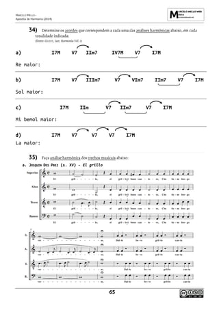 MARCELO MELLO -
Apostila de Harmonia (2014)
65
34) Determine os acordes que correspondem a cada uma das análises harmônicas abaixo, em cada
tonalidade indicada:
(fonte: GUEST, Ian; Harmonia Vol. 1)
a) I7M V7 IIm7 IV7M V7 I7M
Re maior:
b) I7M V7 IIIm7 V7 VIm7 IIm7 V7 I7M
Sol maior:
c) I7M IIm V7 IIm7 V7 I7M
Mi bemol maior:
d) I7M V7 V7 V7 I7M
La maior:
35) Faça análise harmônica dos trechos musicais abaixo:
a. JOSQUIN DES PREZ (s. XV) - El grillo
 