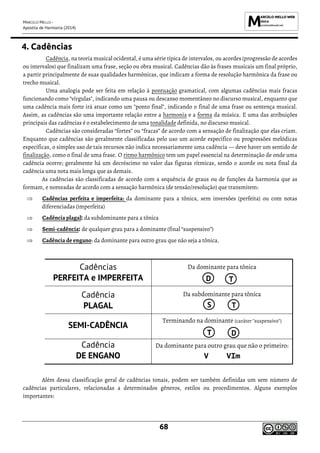 MARCELO MELLO -
Apostila de Harmonia (2014)
68
4. Cadências
Cadência, na teoria musical ocidental, é uma série típica de intervalos, ou acordes (progressão de acordes
ou intervalos) que finalizam uma frase, seção ou obra musical. Cadências dão às frases musicais um final próprio,
a partir principalmente de suas qualidades harmônicas, que indicam a forma de resolução harmônica da frase ou
trecho musical.
Uma analogia pode ser feita em relação à pontuação gramatical, com algumas cadências mais fracas
funcionando como "vírgulas", indicando uma pausa ou descanso momentâneo no discurso musical, enquanto que
uma cadência mais forte irá atuar como um "ponto final", indicando o final de uma frase ou sentença musical.
Assim, as cadências são uma importante relação entre a harmonia e a forma da música. E uma das atribuições
principais das cadências é o estabelecimento de uma tonalidade definida, no discurso musical.
Cadências são consideradas “fortes” ou “fracas” de acordo com a sensação de finalização que elas criam.
Enquanto que cadências são geralmente classificadas pelo uso um acorde específico ou progressões melódicas
específicas, o simples uso de tais recursos não indica necessariamente uma cadência — deve haver um sentido de
finalização, como o final de uma frase. O ritmo harmônico tem um papel essencial na determinação de onde uma
cadência ocorre; geralmente há um decréscimo no valor das figuras rítmicas, sendo o acorde ou nota final da
cadência uma nota mais longa que as demais.
As cadências são classificadas de acordo com a sequência de graus ou de funções da harmonia que as
formam, e nomeadas de acordo com a sensação harmônica (de tensão/resolução) que transmitem:
 Cadências perfeita e imperfeita: da dominante para a tônica, sem inversões (perfeita) ou com notas
diferenciadas (imperfeita)
 Cadência plagal: da subdominante para a tônica
 Semi-cadência: de qualquer grau para a dominante (final “suspensivo”)
 Cadência de engano: da dominante para outro grau que não seja a tônica.
Cadências
PERFEITA e IMPERFEITA
Da dominante para tônica
Cadência
PLAGAL
Da subdominante para tônica
SEMI-CADÊNCIA
Terminando na dominante (caráter "suspensivo")
Cadência
DE ENGANO
Da dominante para outro grau que não o primeiro:
V VIm
Além dessa classificação geral de cadências tonais, podem ser também definidas um sem número de
cadências particulares, relacionadas a determinados gêneros, estilos ou procedimentos. Alguns exemplos
importantes:
D T
S T
T D
 