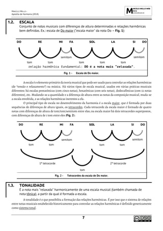 MARCELO MELLO -
Apostila de Harmonia (2014)
7
1.2. ESCALA
Conjunto de notas musicais com diferenças de altura determinadas e relações harmônicas
bem definidas. Ex.: escala de Do maior ("escala maior" da nota Do – Fig. 1):
relação harmônica fundamental: DO é a nota mais “relaxada”.
Escala de Do maior.
A escala éo elemento primário da teoria musical que podeserusado para controlar as relaçõesharmônicas
(de “tensão e relaxamento”) na música. Há vários tipos de escala musical, usados em várias práticas musicais
diferentes: há escalas pentatônicas (com cinco notas), hexatônicas (com seis notas), dodecafônicas (com 12 notas
diferentes), etc. Mudando-se a quantidade e a diferença de altura entre as notas da composição musical, muda-se
a escala envolvida, e as relações harmônicas inerentes a ela.
O principal tipo de escala no desenvolvimento da harmonia é a escala maior, que é formada por duas
sequências de diferenças de altura iguais, os tetracordes. Cada tetracorde da escala maior é formado de quatro
notas com diferenças de altura de tom/tom/semitom entre elas; na escala maior há dois tetracordes superpostos,
com diferenças de altura de 1 tom entre eles (Fig. 2):
Tetracordes da escala de Do maior.
1.3. TONALIDADE
É a nota mais "relaxada" harmonicamente de uma escala musical (também chamada de
nota tônica), a partir da qual é formada a escala.
A tonalidade é o que possibilita a formação das relações harmônicas. É por isso que o sistema de relações
entre notas musicais estabelecido historicamente para controlar as relações harmônicas é definido genericamente
como sistema tonal.
 