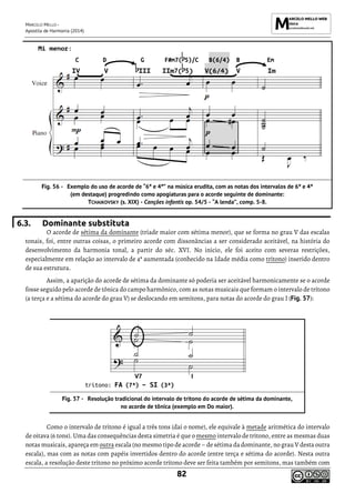MARCELO MELLO -
Apostila de Harmonia (2014)
82
Exemplo do uso de acorde de “6ª e 4ª” na música erudita, com as notas dos intervalos de 6ª e 4ª
(em destaque) progredindo como apogiaturas para o acorde seguinte de dominante:
TCHAIKOVSKY (s. XIX) - Canções infantis op. 54/5 - “A lenda”, comp. 5-8.
6.3. Dominante substituta
O acorde de sétima da dominante (tríade maior com sétima menor), que se forma no grau V das escalas
tonais, foi, entre outras coisas, o primeiro acorde com dissonâncias a ser considerado aceitável, na história do
desenvolvimento da harmonia tonal, a partir do séc. XVI. No início, ele foi aceito com severas restrições,
especialmente em relação ao intervalo de 4ª aumentada (conhecido na Idade média como trítono) inserido dentro
de sua estrutura.
Assim, a aparição do acorde de sétima da dominante só poderia ser aceitável harmonicamente se o acorde
fosse seguido pelo acorde de tônica do campo harmônico, com as notas musicais que formam o intervalo de trítono
(a terça e a sétima do acorde do grau V) se deslocando em semitons, para notas do acorde do grau I (Fig. 57):
trítono: FA (7ª) – SI (3ª)
Resolução tradicional do intervalo de trítono do acorde de sétima da dominante,
no acorde de tônica (exemplo em Do maior).
Como o intervalo de trítono é igual a três tons (daí o nome), ele equivale à metade aritmética do intervalo
de oitava (6 tons). Uma das consequências desta simetria é que o mesmo intervalo de trítono, entre as mesmas duas
notas musicais, apareça em outra escala (no mesmo tipo de acorde – de sétima da dominante, no grau V desta outra
escala), mas com as notas com papéis invertidos dentro do acorde (entre terça e sétima do acorde). Nesta outra
escala, a resolução deste trítono no próximo acorde trítono deve ser feita também por semitons, mas também com
Mi menor:
C D G F#m7( 5)/C B(6/4) B Em
IV V III IIm7( 5) V(6/4) V Im
 