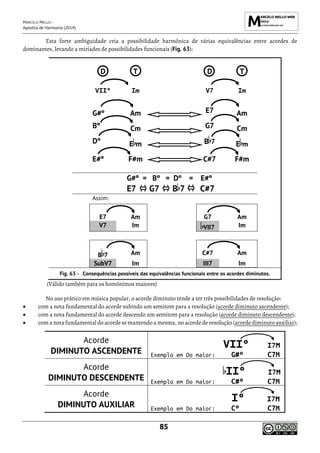 MARCELO MELLO -
Apostila de Harmonia (2014)
85
Esta forte ambiguidade cria a possibilidade harmônica de várias equivalências entre acordes de
dominantes, levando a miríades de possibilidades funcionais (Fig. 63):
D T D T
VIIº Im V7 Im
G#º Am E7 Am
Bº Cm G7 Cm
Dº E m B 7 E m
E#º F#m C#7 F#m
G#º = Bº = Dº = E#º
E7 G7 B 7 C#7
Assim:
E7 Am G7 Am
V7 Im VII7 Im
B 7 Am C#7 Am
SubV7 Im III7 Im
Consequências possíveis das equivalências funcionais entre os acordes diminutos.
(Válido também para os homônimos maiores)
No uso prático em música popular, o acorde diminuto tende a ter três possibilidades de resolução:
• com a nota fundamental do acorde subindo um semitom para a resolução (acorde diminuto ascendente);
• com a nota fundamental do acorde descendo um semitom para a resolução (acorde diminuto descendente);
• com a nota fundamental do acorde se mantendo a mesma, no acorde de resolução (acorde diminuto auxiliar);
Acorde
DIMINUTO ASCENDENTE
VIIº I7M
Exemplo em Do maior: G#º C7M
Acorde
DIMINUTO DESCENDENTE
IIº I7M
Exemplo em Do maior: C#º C7M
Acorde
DIMINUTO AUXILIAR
Iº I7M
Exemplo em Do maior: Cº C7M
 