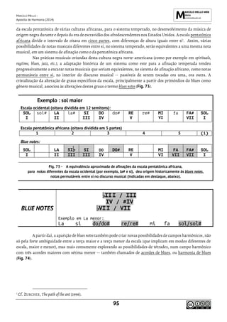 MARCELO MELLO -
Apostila de Harmonia (2014)
95
da escala pentatônica de várias culturas africanas, para o sistema temperado, no desenvolvimento da música de
origem negra durante e depois da era de escravidão dos afrodescendentes nos Estados Unidos. A escala pentatônica
africana divide o intervalo de oitava em cinco partes, com diferenças de altura iguais entre si1
. Assim, várias
possibilidades de notas musicais diferentes entre si, no sistema temperado, serão equivalentes a uma mesma nota
musical, em um sistema de afinação como o da pentatônica africana.
Nas práticas musicais oriundas desta cultura negra norte-americana (como por exemplo em spirituals,
ragtime, blues, jazz, etc.), a adaptação histórica de um sistema como este para a afinação temperada tendeu
progressivamente a encarar notas musicais que seriam equivalentes, no sistema de afinação africano, como notas
permutáveis entre si, no interior do discurso musical -- passíveis de serem tocadas ora uma, ora outra. A
cristalização da alteração de graus específicos da escala, principalmente a partir dos primórdios do blues como
gênero musical, associou às alterações destes graus o termo blues notes (Fig. 73).
Exemplo : sol maior
Escala ocidental (oitava dividida em 12 semitons):
SOL sol# LA la# SI DO do# RE re# MI fa FA# SOL
I II III IV V VI VII I
Escala pentatônica africana (oitava dividida em 5 partes)
1 2 3 4 5 (1)
Blue notes:
SOL LA SI SI DO DO# RE MI FA FA# SOL
I II III III IV V VI VII VII I
A equivalência aproximada de afinações da escala pentatônica africana,
para notas diferentes da escala ocidental (por exemplo, la# e si), deu origem historicamente às blues notes,
notas permutáveis entre si no discurso musical (indicadas em destaque, abaixo).
BLUE NOTES
III / III
IV / #IV
VII / VII
Exemplo em La menor:
La si do/do# re/re# mi fa sol/sol#
A partir daí, a aparição de blues notes também pode criar novas possibilidades de campos harmônicos, não
só pela forte ambiguidade entre a terça maior e a terça menor da escala (que implicam em modos diferentes de
escala, maior e menor), mas mais comumente explorando as possibilidades de tétrades, num campo harmônico
com três acordes maiores com sétima menor -- também chamados de acordes de blues, ou harmonia de blues
(Fig. 74).
1
Cf. ZURCHER, The path of the ant (1996).
 