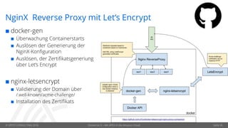 © OPITZ CONSULTING 2018 Dockerize It – Mit APEX in die Amazon Cloud Seite 26
NginX Reverse Proxy mit Let‘s Encrypt
 docker-gen
 Überwachung Containerstarts
 Auslösen der Generierung der
NginX-Konfiguration
 Auslösen, der Zertifikatsgeneriung
über Let‘s Encrypt
 nginx-letsencrypt
 Validierung der Domain über
/.well-known/acme-challenge/
 Installation des Zertifikats
 