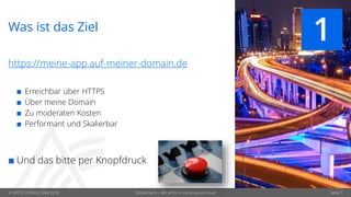 © OPITZ CONSULTING 2018 Seite 5
Was ist das Ziel
https://meine-app.auf-meiner-domain.de
 Erreichbar über HTTPS
 Über meine Domain
 Zu moderaten Kosten
 Performant und Skalierbar
 Und das bitte per Knopfdruck
1
Dockerize It – Mit APEX in die Amazon Cloud
 