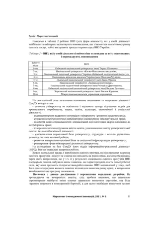 Розділ 1 Маркетинг інновацій
Маркетинг і менеджмент інновацій, 2011, № 1 33
Наведемо в таблиці 2 рейтинг ВНЗ (усіх форм власності), які у своїй діяльності
найбільше та найперше застосовують нововведення, що з’являються на світовому ринку
освітніх послуг, тобто виступають трендсеттерами серед ВНЗ України.
Таблиця 2 – ВНЗ, які у своїй діяльності найчастіше та швидше за всіх застосовують
і впроваджують нововведення
Зайняте
місце
ВНЗ
1-ше Київський національний університет імені Тараса Шевченка
2-ге,
3-тє
Національний університет «Києво-Могилянська академія»,
Національний технічний університет України «Київський політехнічний інститут»
4-те Національна юридична академія України імені Ярослава Мудрого
5-те Львівський національний університет імені Івана Франка
6-те,
7-ме,
8-ме
Національний університет «Львівська політехніка»,
Національний педагогічний університет імені Михайла Драгоманова,
Київський національний економічний університет імені Вадима Гетьмана
9-те,
10-те
Харківський національний університет імені Василя Каразіна,
Міжрегіональна академія управління персоналом
На сьогоднішній день загальними основними завданнями та напрямами діяльності
СумДУ можуть стати:
- розвиток університету як освітнього і наукового центру підготовки кадрів для
промислового виробництва, науки, освіти, культури, економічної і соціальної
діяльності;
- підвищення рівня кадрового потенціалу університету і розвиток наукових шкіл;
- створення системи поточної перспективної оцінки ринку інтелектуальної праці;
- відкриття нових спеціальностей і спеціалізацій для підготовки кадрів відповідно до
потреб ринку праці;
- створення системи керування якістю освіти, удосконалення змісту університетської
освіти і технології освітньої діяльності;
- удосконалення нормативної бази університету, структури і методів управління,
розвитку системи виховної роботи;
- розвиток матеріально-технічної бази та соціальної інфраструктури університету;
- розширення сфери міжнародної діяльності університету.
На сьогоднішні на базі СумДУ існує відділ інформаційно-рекламної діяльності
(ВІРД). Він має окреслені напрямки роботи.
Кожен навчальний заклад є виробником освітніх програм, які він пропонує на ринку
освітніх продуктів і послуг та з якими він виходить на ринок праці, але опосередковано,
через своїх випускників, що у т.ч. й у результаті споживання освітніх продуктів ВНЗ
одержували знання, набували вмінь і навичок, що характеризують якість їхньої робочої
сили, яку вони продають підприємствам-роботодавцям. ВНЗ зацікавлений у тому, щоб
його освітні програми якомога повніше відповідали вимогам ринку праці, а випускники
якнайповніше цю програму засвоювали.
Висновки з даного дослідження і перспективи подальших розробок. Не
претендуючи на вичерпність аналізу, слід зробити висновок, що правильно
спрогнозувати майбутні зміни означає правильно визначити стратегію, яка буде
гарантом перемоги в конкурентній боротьбі, а для цього необхідно визначити останні
 