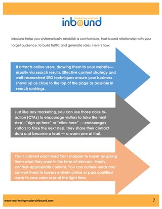 Inbound helps you systematically establish a comfortable, trust-based relationship with your
target audience, to build traffic and generate sales. Here’s how:

It attracts online users, drawing them to your website—
usually via search results. Effective content strategy and
well-researched SEO techniques ensure your business
shows up as close to the top of the page as possible in
search rankings.

Just like any marketing, you can use those calls-toaction (CTAs) to encourage visitors to take the next
step—”sign up here” or “click here” — encourages
visitors to take the next step. They share their contact
data and become a lead — a warm one at that.

You’ll convert each lead from shopper to buyer by giving
them what they want in the form of relevant, timely,
context-appropriate content. You can nurture leads and
convert them to buyers entirely online or pass qualified
leads to your sales reps at the right time.

www.marketingmattersinbound.com

7

 
