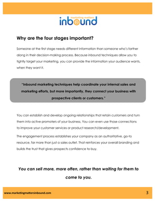 Why are the four stages important?
Someone at the first stage needs different information than someone who’s farther
along in their decision-making process. Because inbound techniques allow you to
tightly target your marketing, you can provide the information your audience wants,
when they want it.

“Inbound marketing techniques help coordinate your internal sales and
marketing efforts, but more importantly, they connect your business with
prospective clients or customers.”

You can establish and develop ongoing relationships that retain customers and turn
them into active promoters of your business. You can even use those connections

to improve your customer services or product research/development.
The engagement process establishes your company as an authoritative, go-to
resource, far more than just a sales outlet. That reinforces your overall branding and
builds the trust that gives prospects confidence to buy.

You can sell more, more often, rather than waiting for them to
come to you.

www.marketingmattersinbound.com

3

 