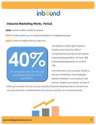Inbound Marketing Works. Period.
It works for B2B and B2C businesses.
It works whether you’re a global enterprise or neighborhood gem.
It works no matter what you sell or do.
According to industry giant HubSpot,

40%
Of companies that use inbound
techniques improved lead
generation

statistics show more than 92% of
companies that use inbound techniques
improve lead generation. Of those, 40%
improved lead generation by at least
75%.
And those aren’t just any leads. Thanks to
the Law of Attraction, they’re people

already interested in your products and
services. People can engage, and get to

know your business. You can use your arsenal of inbound marketing tools to connect and
converse with them, converting them into not just customers, but customers-for–life.

www.marketingmattersinbound.com

4

 