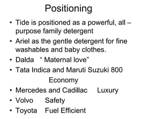 Positioning
• Tide is positioned as a powerful, all –
purpose family detergent
• Ariel as the gentle detergent for fine
washables and baby clothes.
• Dalda “ Maternal love”
• Tata Indica and Maruti Suzuki 800
Economy
• Mercedes and Cadillac Luxury
• Volvo Safety
• Toyota Fuel Efficient
 