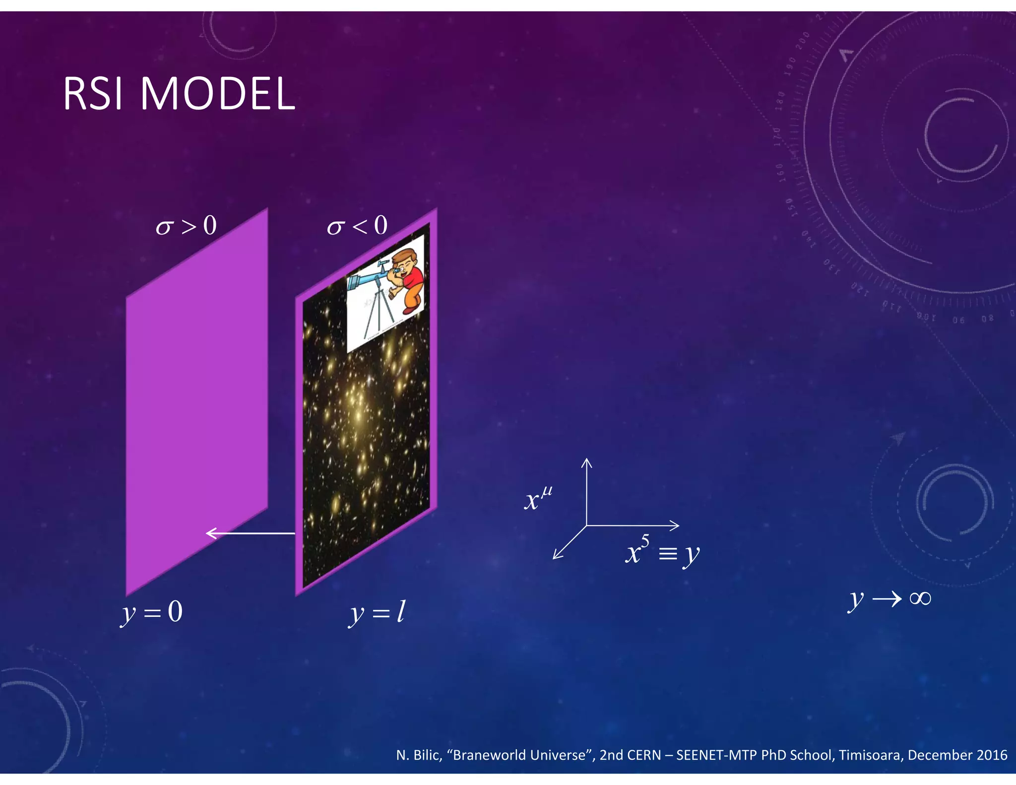 RSI MODEL
x
5
x y
0y  y l y  
N. Bilic, “Braneworld Universe”, 2nd CERN – SEENET-MTP PhD School, Timisoara, December 2016
0  0 
 