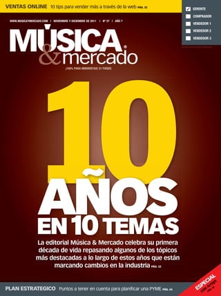 La editorial Música & Mercado celebra su primera
década de vida repasando algunos de los tópicos
más destacadas a lo largo de estos años que están
marcando cambios en la industria PÁG. 52
¡100% PARA MINORISTAS! 21 PAÍSES
WWW.MUSICAYMERCADO.COM | NOVIEMBRE Y DICIEMBRE DE 2011 | Nº 37 | AÑO 7
10AÑOSEN10TEMAS|NOVIEMBREYDICIEMBREDE2011|Nº37|NOVIEMBREYDICIEMBREDE2011|Nº37|NOVIEMBREYDICIEMBREDE2011|Nº37MÚSICA&MERCADO
VENTAS ONLINE 10 tips para vender más a través de la web PÁG. 32
PLAN ESTRATEGICO Puntos a tener en cuenta para planificar una PYME PÁG. 44
PASA ESTA REVISTA PARA SUS EMPLEADOSPASA ESTA REVISTA PARA SUS EMPLEADOS
GERENTE
COMPRADOR
VENDEDOR 1
VENDEDOR 2
VENDEDOR 3
ESPECIAL
Line Arrays
PÁG. 68
mmintl37_capa.indd 1 07/10/2011 11:06:56
 