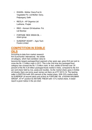• DHARA - Mother Dairy Fruit &
Vegetable Pvt. Ltd Mother Dairy,
Patparganj, Delhi
• RICELA - AP Organics Ltd
Ludhiana, Punjab
• RISO - Kamani Oil Industries Pvt.
Ltd Mumbai
• FORTUNE RICE BRAN OIL –
Adani group
• SUNDROP HEART – Agro Tech
Foods Limited
COMPETITION IN EDIBLE
OILS
According to data from market research
firm Euromonitor International, the edible
oil category, which had overtaken dairy to
become the largest packaged food segment a few years ago, grew 25.6 per cent to
cross the Rs 1.3 trillion mark in 2017. This is the first time any packaged food
category has crossed the Rs 1.3 trillion mark. In fact, edible oil formed over 30
percent of the Rs 4.34 trillion packaged foods market in India, compared to the 8.8
per cent share held by rice, pasta and noodles. As the market share goes in Edible
oil industry there are some usual names out there as of FY 2013-14. The leading
seller is SAFFOLA with 36% percent of the market share. With 23% market share
its SUNDROP at second place and at third its FORTUNE OIL of ADANI WALIMAR
GROUP. AT 4th position its NATURE FRESH with 13 % market share. A detail
report is given below in the pie chart.
 