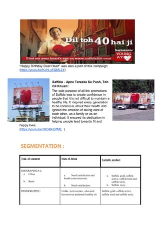 “Happy Birthday Dear Heart” was also a part of this campaign
(https://youtu.be/KvhLySQML24)
Saffola - Apne Tareeke Se Push, Toh
Dil Khush:
The sole purpose of all the promotions
of Saffola was to create confidence in
people that it is not difficult to maintain a
healthy life. It inspired every generation
to be conscious about their health and
ignited the emotion of taking care of
each other, as a family or as an
individual. It ensured its dedication in
helping people lead towards fit and
happy lives.
(https://youtu.be/rDOIdkOifME )
SEGMENTATION :
Type of segment State of being Suitable product
GEOGRAPHICAL:
a. Urban
b. Rural
a. Need satisfaction and
health consciousness.
b. Need satisfaction.
a. Saffola gold, saffola
active, saffola total and
saffola tasty.
b. Saffola tasty
DEMOGRAPHIC: Unlike rural women, educated
housewives preferred healthy oil.
Saffola gold, saffola active,
saffola total and saffola tasty.
 
