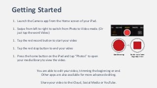 Getting Started
1. Launch the Camera app from the Home screen of your iPad.
1. Swipe from left to right to switch from Photo to Video mode. (Or
just tap the word Video)
1. Tap the red record button to start your video
1. Tap the red stop button to end your video
1. Press the home button on the iPad and tap “Photos” to open
your media library to view the video.
You are able to edit your video, trimming the beginning or end.
Other apps are also available for more advanced editing.
Share your video to the iCloud, Social Media or YouTube.
 