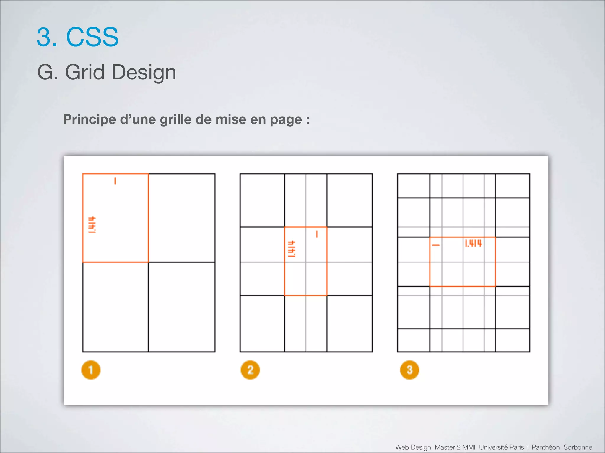 3. CSS
G. Grid Design

  Principe d’une grille de mise en page :




                                            Web Design Master 2 MMI Université Paris 1 Panthéon Sorbonne
 
