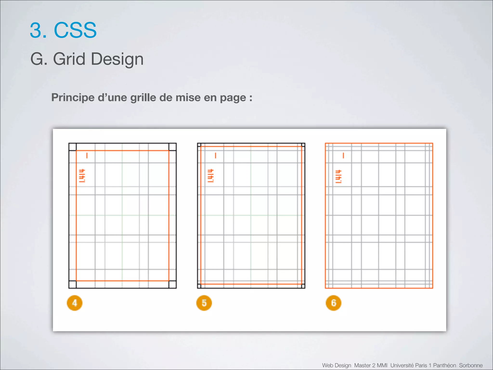 3. CSS
G. Grid Design

  Principe d’une grille de mise en page :




                                            Web Design Master 2 MMI Université Paris 1 Panthéon Sorbonne
 