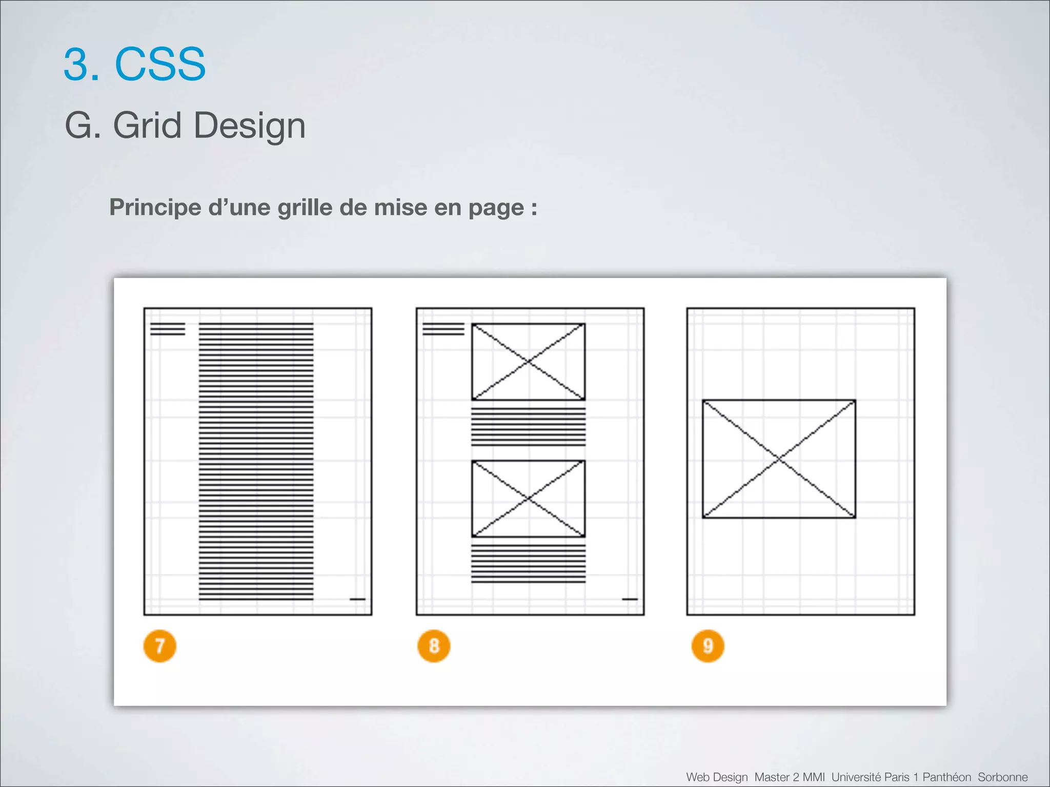 3. CSS
G. Grid Design

  Principe d’une grille de mise en page :




                                            Web Design Master 2 MMI Université Paris 1 Panthéon Sorbonne
 