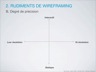 2. RUDIMENTS DE WIREFRAMING
B. Degré de précision
                        Interactif




Low résolution                                             Hi résolution




                        Statique
                                     Web Design Master 2 MMI Université Paris 1 Panthéon Sorbonne
 