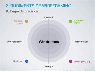2. RUDIMENTS DE WIREFRAMING
B. Degré de précision
                          Interactif
      Prototype                                             Prototype
         papier                                             digital




Low résolution          Wireframes                           Hi résolution




     Sketching                                             Ecrans (psd, jpg...)

                          Statique
                                       Web Design Master 2 MMI Université Paris 1 Panthéon Sorbonne
 