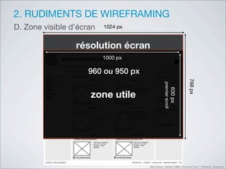 2. RUDIMENTS DE WIREFRAMING
D. Zone visible d’écran                                                                !"#$%&'


                                              !"#$%&'($)*"+!,)                                                                          FR     EN          Les sites Renault




           Logo                           !"""#$%
                           RENAULT-MERCHANDISING.COM


                                                                960 ou 950 px
                         ACCUEIL   NOTRE ACTIVITE    NOS PRODUITS          NOS POINTS DE VENTE   OFFRES WEB EXCLUSIVES
                                                                                                                                                                       ma liste                    mon panier
                           RECHERCHER UN PRODUIT                                                    toutes catégories                    go
                                                                                                                                                                        5 articles                    2 articles

         Renault F1 team                Renault F1 Team                                                                                                            DEJA INSCRIT ?
         Team




                                                                                                                                                                                                                   ()*%&'
         Sportswear                                                   Team                                                Sportswear                               Identifiant




                                                                                                                                                                                 $()*+)(#,-(.//
         Bagagerie
                                          Lunettes Homme Quicksilver                                Montre Bike Casio                                              Mot de passe
         Objets d’images
         Jouets




                                                                                                                                                                                                  &'"#$%
                                                                        100% nylon, disponible                                    100% nylon, disponible                              Mémoriser mes




                                                                      !"#$%&'()$
         Miniature                                                      en S, M, L, XL, XXL                                       en S, M, L, XL, XXL                                 informations
                                                                        Doublure : 100%                                           Doublure : 100%
                                                                        polyester                                                 polyester
         Renault Sport                                                                                                                                                                   OK
         Renault                                                                                                                                                   >Mot de passe oublié ?
         Dacia
                                                                                                                                                                   >Inscrivez-vous
                                          +    voir la fiche produit                                +    voir la fiche produit

                                                                Bagagerie                                               Objets d’images
                                                                                                                                                                   Personnel du groupe
                                          Polaire Histoire & collection                                Logan Berline DACIA 2005 1/43                               Renault
                                                                        100% nylon, disponible                                   100% nylon, disponible
                                                                        en S, M, L, XL, XXL                                      en S, M, L, XL, XXL
                                                                        Doublure : 100%                                          Doublure : 100%
                                                                        polyester                                                polyester


                                                                                                                                                                   Professionnel
                                         +    voir la fiche produit                                 +    voir la fiche produit

                                                                 Jouets                                                     Miniature

                                          Polaire Histoire & collection                                Logan Berline DACIA 2005 1/43
                                                                        100% nylon, disponible                                   100% nylon, disponible
                                                                        en S, M, L, XL, XXL                                      en S, M, L, XL, XXL
                                                                        Doublure : 100%                                          Doublure : 100%
                                                                        polyester                                                polyester




                                         +    voir la fiche produit                                +    voir la fiche produit

        © RENAULT MERCHANDISING                                                                                                 NEWSLETTER     CONTACT        PLAN DU SITE       MENTIONS LEGALES            CGU


                                                                                                                                                           Web Design Master 2 MMI Université Paris 1 Panthéon Sorbonne
 