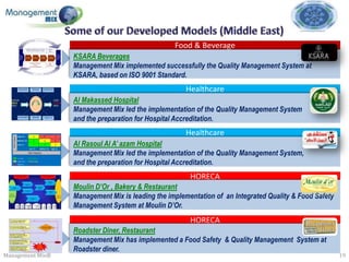 Food & Beverage
                  KSARA Beverages
                  Management Mix implemented successfully the Quality Management System at
                  KSARA, based on ISO 9001 Standard.
                                                     Healthcare
                  Al Makassed Hospital
                  Management Mix led the implementation of the Quality Management System
                  and the preparation for Hospital Accreditation.
                                                     Healthcare
                  Al Rasoul Al A’ azam Hospital
                  Management Mix led the implementation of the Quality Management System,
                  and the preparation for Hospital Accreditation.
                                                       HORECA
                  Moulin D’Or , Bakery & Restaurant
                  Management Mix is leading the implementation of an Integrated Quality & Food Safety
                  Management System at Moulin D’Or.
                                                       HORECA
                  Roadster Diner, Restaurant
                  Management Mix has implemented a Food Safety & Quality Management System at
                  Roadster diner.
Management Mix®                                                                                         19
 