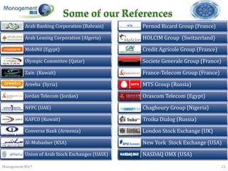 Arab Banking Corporation (Bahrain)     Pernod Ricard Group (France)

           Arab Leasing Corporation (Algeria)     HOLCIM Group (Switzerland)

           MobiNil (Egypt)                        Credit Agricole Group (France)

           Olympic Committee (Qatar)              Societe Generale Group (France)

           Zain (Kuwait)                          France-Telecom Group (France)

           Areeba (Syria)                         MTS Group (Russia)

           Jordan Telecom (Jordan)                Orascom Telecom (Egypt)

           NFPC (UAE)                             Chaghoury Group (Nigeria)

           KAFCO (Kuwait)                         Troika Dialog (Russia)

           Converse Bank (Armenia)                London Stock Exchange (UK)

           Al-Mubasher (KSA)                      New York Stock Exchange (USA)

           Union of Arab Stock Exchanges (UASE)   NASDAQ OMX (USA)

Management Mix®                                                                     21
 