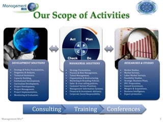 DEVELOPMENT SOLUTIONS                  MANAGERIAL SOLUTIONS                       RESEARCHES & STUDIES

     •    Strategy & Policy Formulation;,   •   Strategy Formulation,                  •   Market Studies,
     •    Diagnosis, & Analysis,            •   Process & Risk Management,             •   Market Surveys,
     •    Technical Assistance,             •   Talent Management,                     •   Labor Market Surveys,
     •    Capacity Building,                •   Organization & Restructuring,          •   Feasibility Studies,
     •    Institutional Development,        •   Marketing & Branding Policies,         •   Strategic Business Plans,
     •    Curriculum Development,           •   Sales & cross selling policies,        •   IPO Preparation,
     •    Project Development,              •   Customer Service Practices,            •   Inward Investment,
     •    Project Management,               •   Management Information Systems,        •   Mergers & Acquisitions,
     •    Project Implementation,           •   Financial & Investment Advisory,       •   Business Intelligence,
                                            •   Corporate Social Responsibility.       •   Export promotion .
     •    Monitoring & Evaluation.




                            Consulting              Training                       Conferences
Management Mix®                                                                                                        5
 