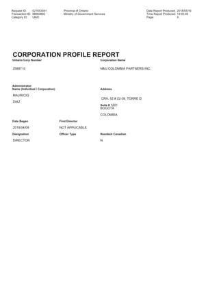Request ID: 021653041 Province of Ontario Date Report Produced: 2018/05/16
Transaction ID: 68083892 Ministry of Government Services Time Report Produced: 12:05:46
Category ID: UN/E Page: 4
CORPORATION PROFILE REPORT
Ontario Corp Number Corporation Name
2568710 MMJ COLOMBIA PARTNERS INC.
Administrator:
Name (Individual / Corporation) Address
MAURICIO
CRA. 52 # 22-39, TORRE D
DIAZ
Suite # 1201
BOGOTA
COLOMBIA
Date Began First Director
2018/04/09 NOT APPLICABLE
Designation Officer Type Resident Canadian
DIRECTOR N
 
