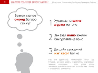 Ìîíãîëûí Òåëåâèçèéí Ñàëáàðûí ªíººãèéí Áàéäàë9 Áèä ÿìàð õóâü íýìýð îðóóëæ ÷àäàõ âý?
Áèä ýíý ñóäàëãààíä çîðèóëàãäñàí á¿òýí äýä
á¿òöýýð, øèíæëýõ óõààíû ¿íäýñëýëòýé, ìýðãýæëèéí
ò¿âøèíä àæèëëàäàã, îëîí óëñàä õ¿ëýýí
çºâøººðºãäñºí Ìîíãîëûí ãàíö êîìïàíè þì. Öààøèä
÷ ýíý õýâýýðýý áàéõ áîëíî.
Çºâõºí ¿çýã÷ýý
îíîîä áîëëîî
ãýæ ¿¿?
Çàõ çýýë øèíý çîõèîí
áàéãóóëàëòàíä îðíî2
Äýëõèéí ñ¿ëæýýíèé
íýã õýñýã áîëíî3
Õóäàëäààíû øèíý
ä¿ðýì òîãòîíî1
 