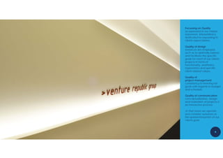 Focussing on Quality
as expressed in our mission
statement, MasterMind is
dedicated to surpassing its
clients expectations.

Quality of design
resources are employed
such as to optimally express
and facilitate the specific
goals for each of our clients
projects in terms of
functionality, aesthetics,
ergonomics and specific
client related values.

Quality of
project management
consistency in meeting set
goals with regards to budget
and schedule.

Quality of communication
conceptualization, design
and realization of projects is
an interactive process.

-in that sense we operate
and consider ourselves as
the spatial interpreter of our
clients goal.
 